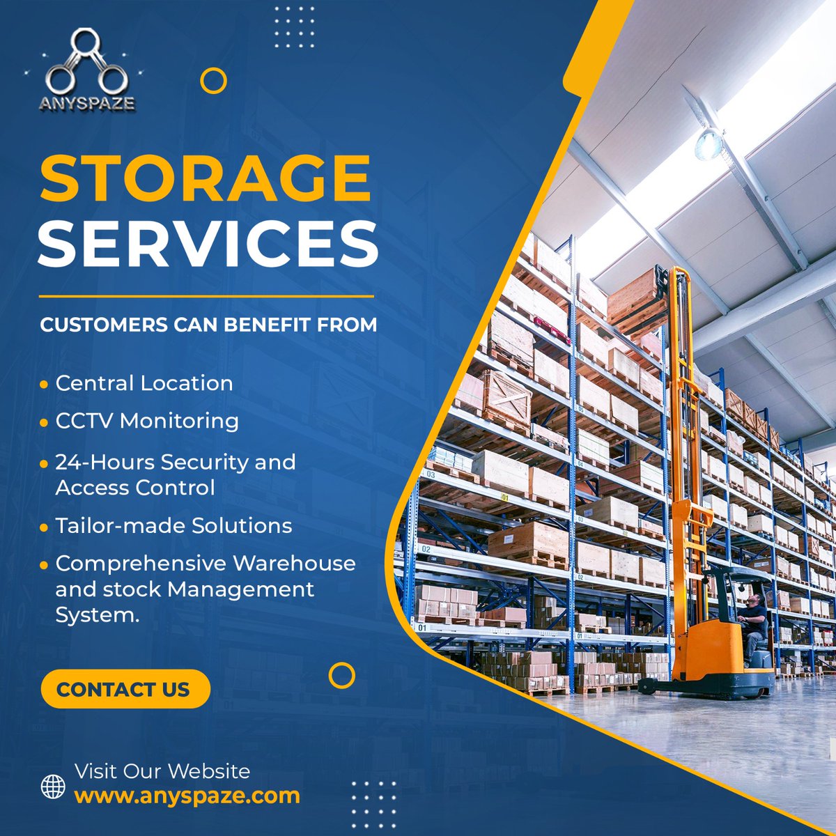 Need more space to store your inventory or finished goods? Anyspaze has you covered with affordable and convenient warehousing solutions. 
#anyspaze #warehousing #logistics #storage #inventory #ecommerce #manufacturing #distribution #3pl #affordablesolutions #convenientsolutions