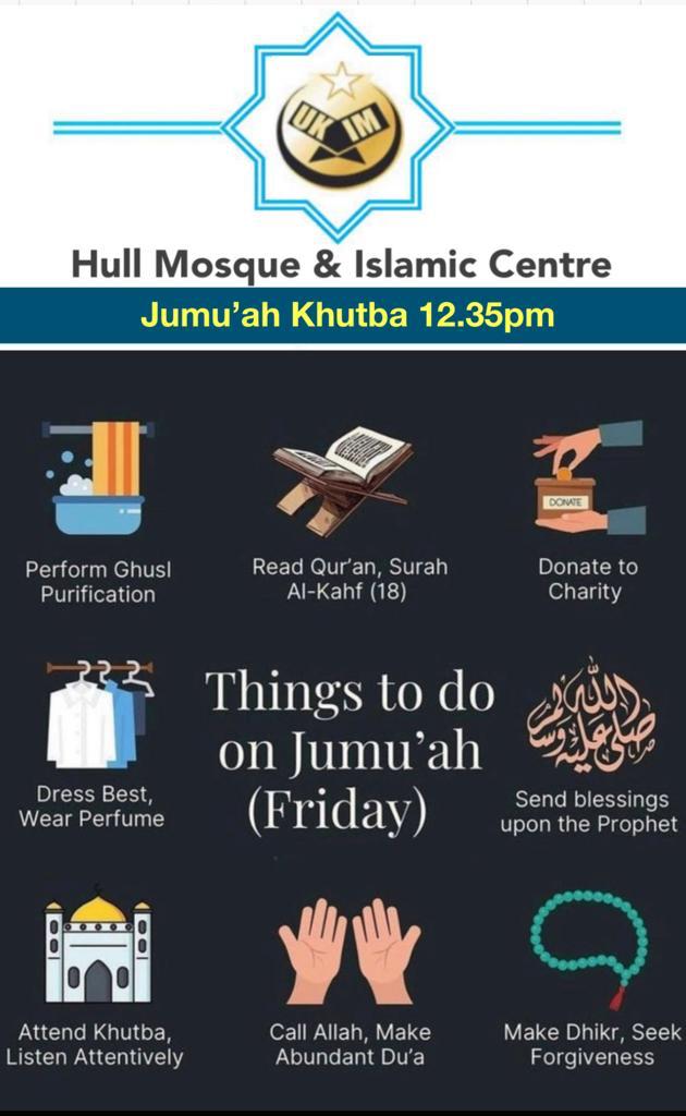 *A REMINDER:*

JUMMAH KHUTBAH *12.35PM* today. 

Please arrive early and park responsibly. 

Jazākumullāhu Khairan