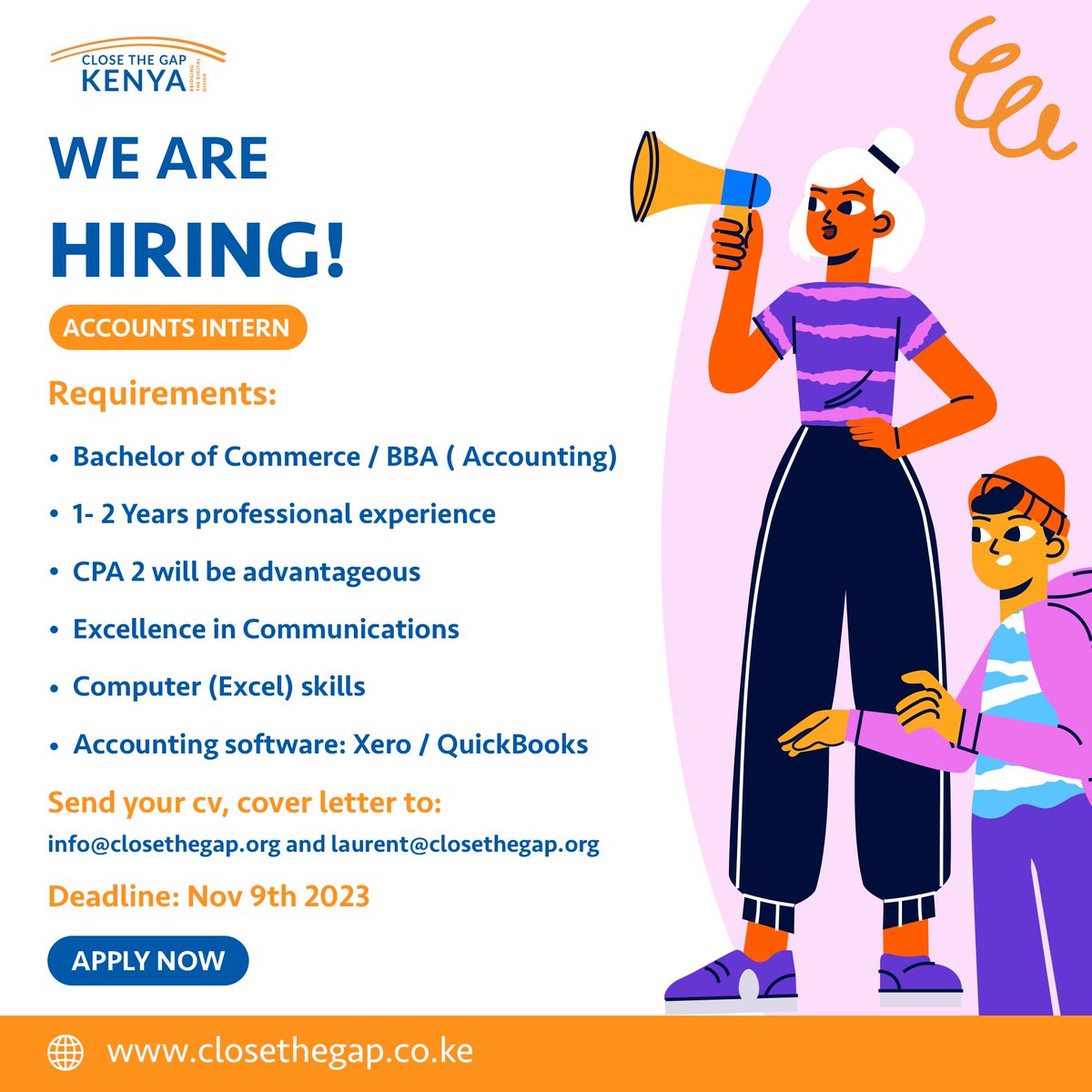 📢Apply Now: forms.gle/BvWShRbA4pMyKn…

⏰⏳ Application Deadline: 09/11/2023

#bridgingthedigitaldivide #interns #internshipopportunities #closethegapKenya #closethegaphub #joinourteam