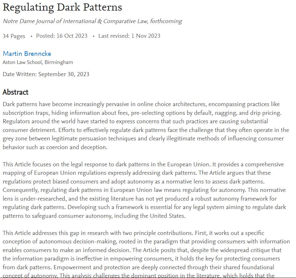 Excited to share my new article, Regulating Dark Patterns, forthcoming in @NDJICL. Key theses and summary below: 1/8 papers.ssrn.com/sol3/papers.cf… @darkpatterns, @Aston_REACH, @AstonLawSchool, @Aston_ACE