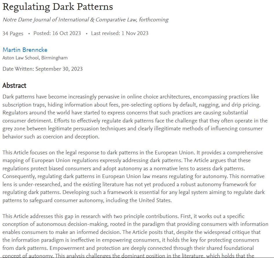 MartinBrenncke's tweet photo. Excited to share my new article, Regulating Dark Patterns, forthcoming in @NDJICL. Key theses and summary below: 1/8
https://t.co/UrzYLjMadD
@darkpatterns, @Aston_REACH, @AstonLawSchool, @Aston_ACE https://t.co/uagURVBhP6