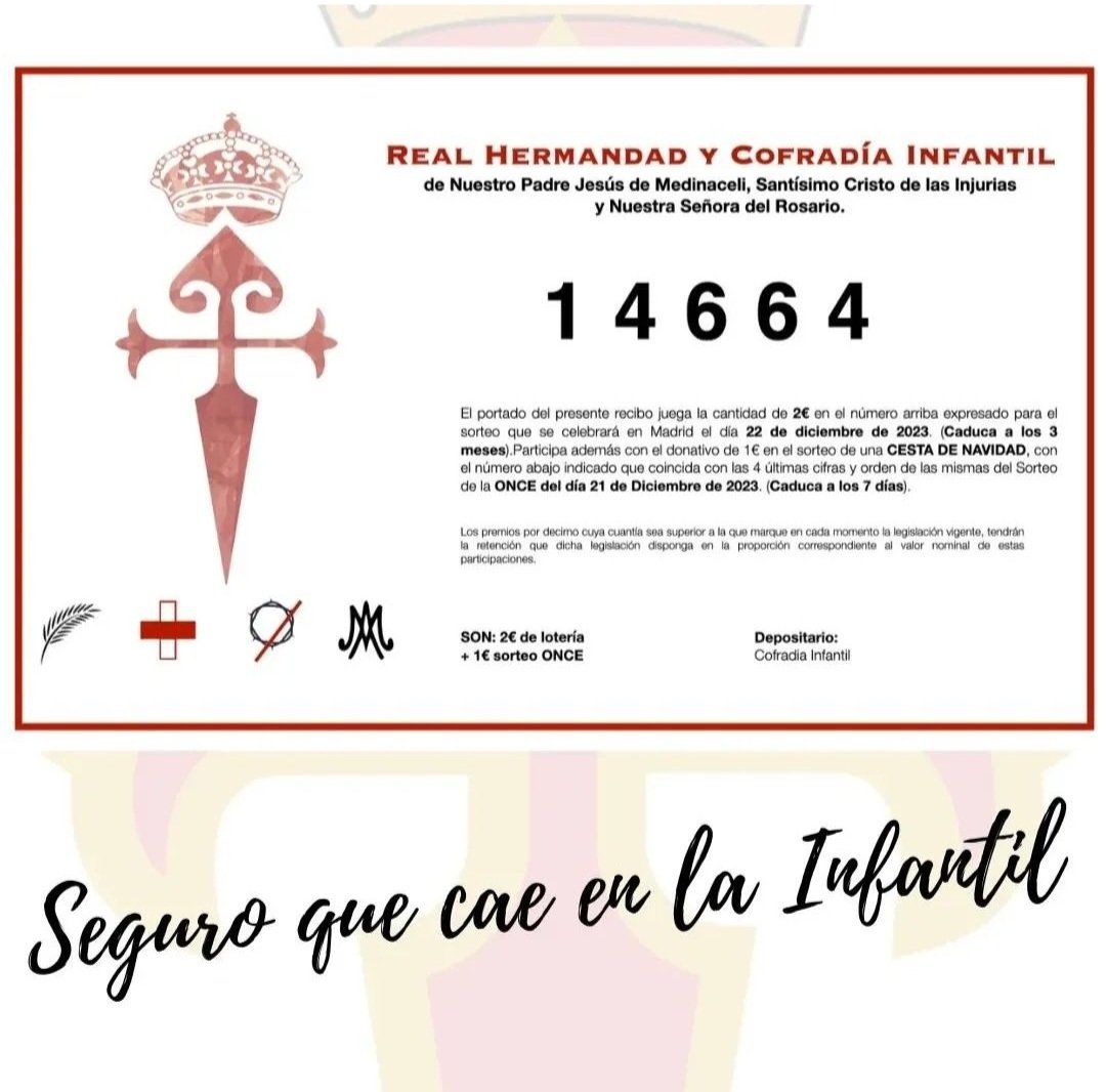 ¿Quieres formar parte del sorteo más esperado? ¡Entonces no puedes perderte la Lotería de Navidad!

⏭️ La suerte puede estar de tu lado con nuestro número de la fortuna: el 14.664.

ℹ️ ¿Dónde puedes conseguirlo? 
📍Taskini (C/ Morerias)
📍 Bar 2002 (C/ San Francisco)