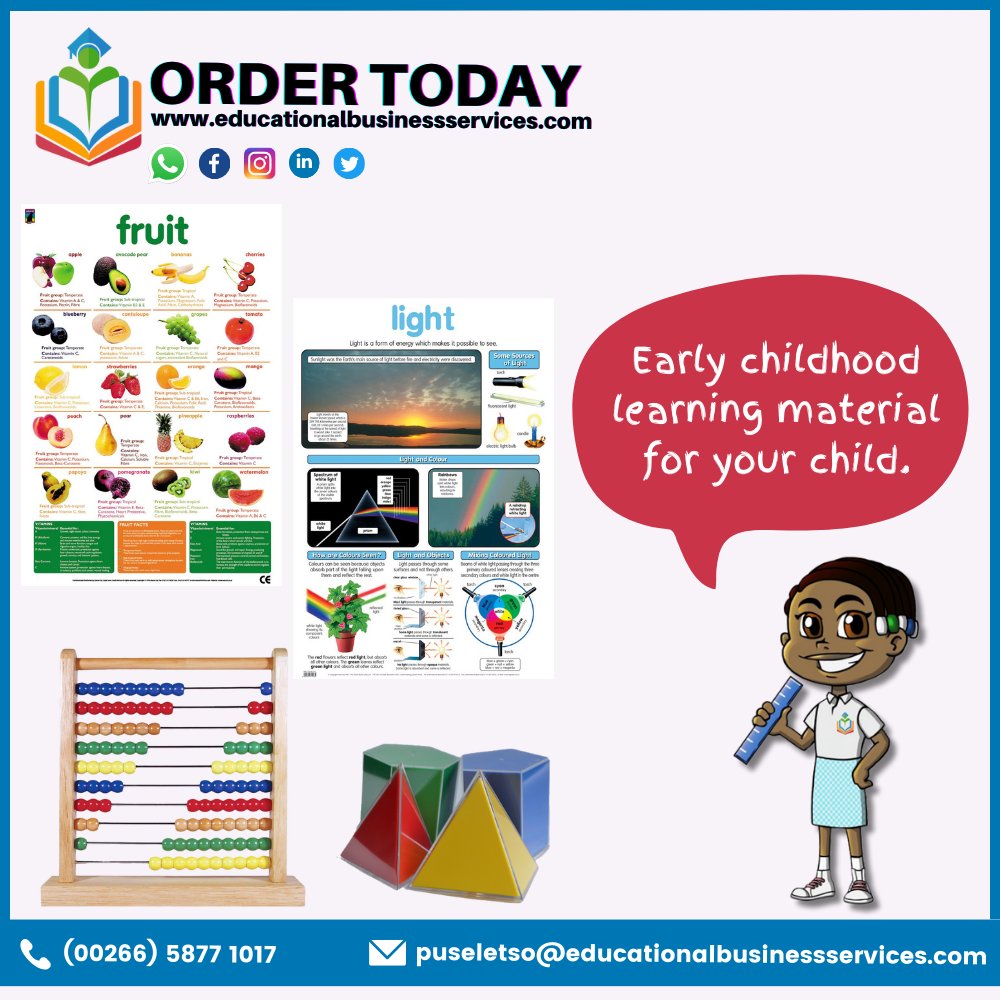 We have some early childhood learning material and toys for your children available that offer a fun and entertaining way for them to learn.

Order yours on whatsapp at +26658771017 or email puseletso@educationalbusinessservices.com.

educationalbusinessservices.com

#LsTwitter