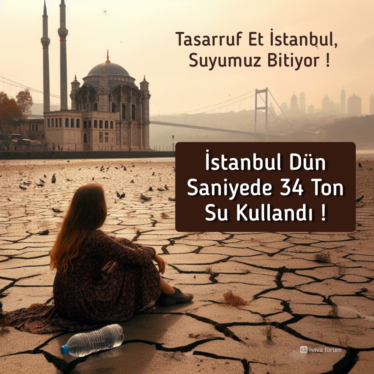 HavaForum's tweet photo. İstanbul dün saniyede 34 ton su tüketti ! 24 saatte 3 milyon ton su harcandı. Yağmur yağdı ama çılgın bir tüketim var, barajların düşüşü devam ediyor. Önlem alınmalı...

- Her saniye 34 Ton ! 
- Her dakika 2 Bin Ton ! 
- Her saat 125 Bin Ton ! 

#TasarrufEtİstanbul 🚫💧 https://t.co/L4yty51Od5