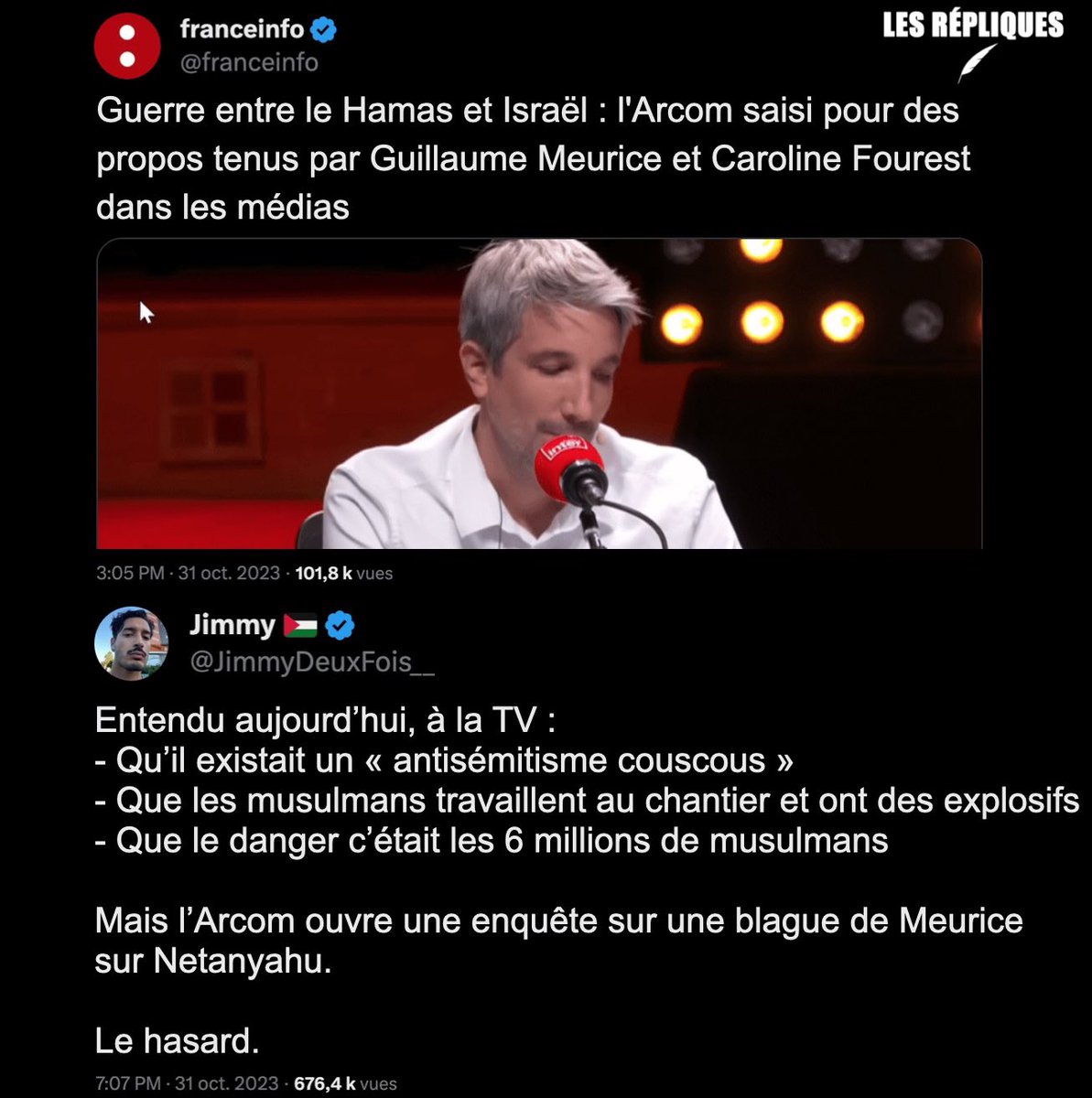 Les_Repliques's tweet photo. L’@Arcom_fr a été saisi suite à une chronique de l'humoriste @GMeurice sur France Inter dimanche dernier. Suggérant une idée de "déguisement pour faire peur" à l'occasion d'Halloween, il a notamment évoqué un "déguisement Nétanyahou", "une sorte de nazi, mais sans prépuce". Un sketch qui a fait sortir de ses gonds le député @Meyer_Habib : « Ferme la ! petite vermine antisémite!!! »

@JimmyDeuxFois__