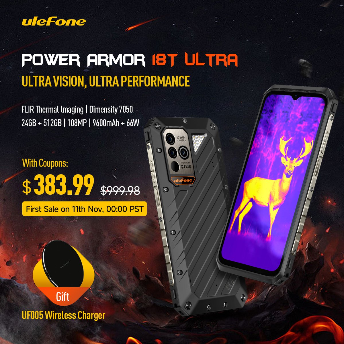 Introducing #UlefonePowerArmor18TUltra(with FLIR Thermal), our best 5G flagship rugged phone ever!
🚀 Dimensity 7050+24GB+512GB
📸 FLIR Thermal+108MP
🔋 9600mAh+66W+15W Wireless

First Sale at $383.99(with coupons) on 11th Nov, AliExpress
Add to cart: s.click.aliexpress.com/e/_oCUuFjf