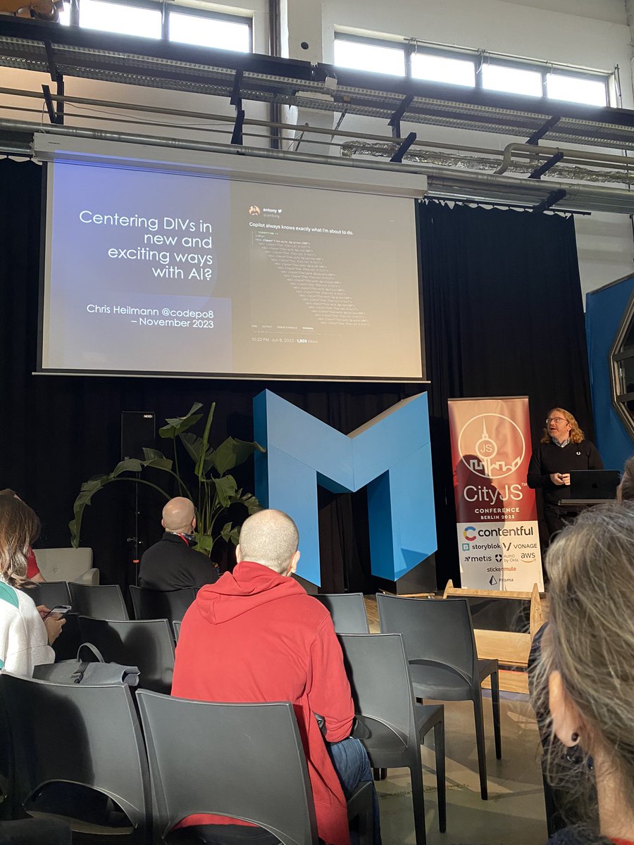 imaginaireuk's tweet photo. We’re at CityJS in Berlin today, great opening talk on how AI can assist front end developers with @codepo8 @cityjsconf https://t.co/r516OLHDrT