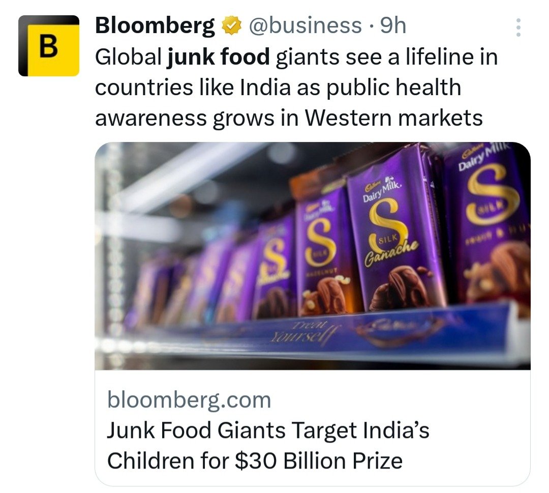 ShreyaShah22's tweet image. 🚨Junk Food&apos;s $30 Billion Opening Is India&apos;s Next Health Crisis!!

Packaged food companies, hampered in Western markets, are pushing into developing nations with weaker public health awareness.

The rise in obesity, diabetes, and other health problems related to the consumption…