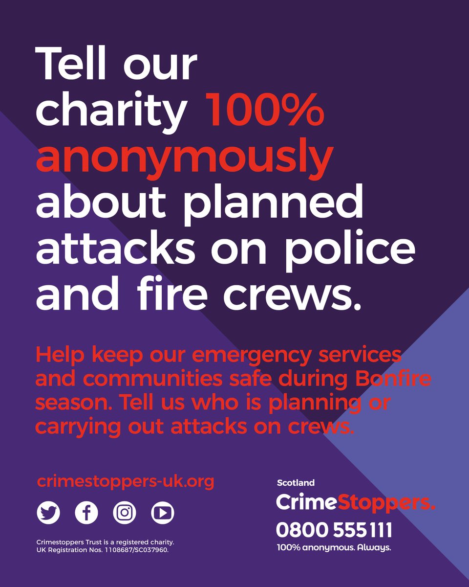 You can speak up 100% anonymously to our charity if you know or suspect anyone planning #BonfireNight attacks on emergency services. 0800 555 111 @SFRSYourSafety @PSsafercomms @theBSCprogramme Everyone has the right to feel safe. crimestoppers-uk.org/news-campaigns…