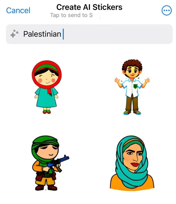 Eyaaaad's tweet photo. عندما تكتب (طفل فلسطيني) أو (فلسطيني) في تطبيق واتساب الذي يملكه مارك زوكربيرغ فإن الذكاء الاصطناعي يقوم بتوليد صورة طفل يحمل رشاش.

أما عندما تكتب (طفل إسرائيلي) أو (إسرائيل) أو حتى (الجيش الإسرائيلي) فيقوم التطبيق بتوليد صور لأشخاص بريئين يصلون ويبتسمون ويرقصون دون استخدام أسلحة.

تقول شركة ميتا مالكة واتساب: نحن لا نقمع أي مجتمع ونعلم أن هناك مشكلة ونقوم على حلها حالياً.