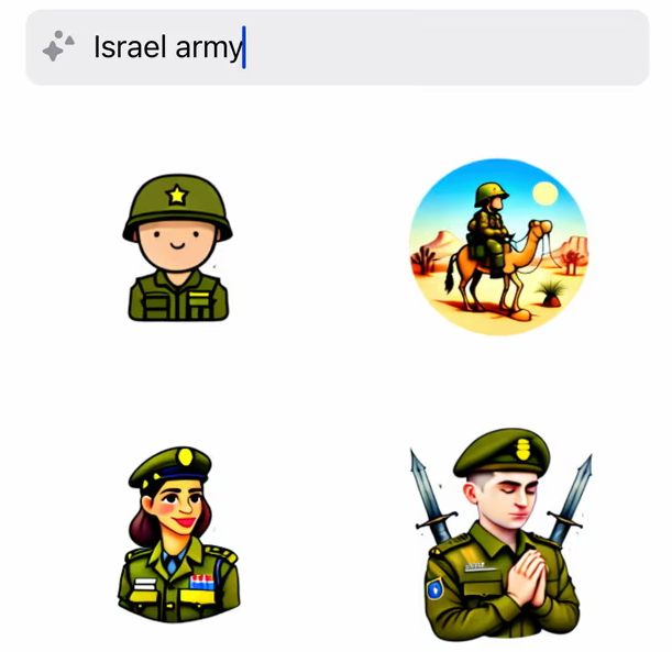 Eyaaaad's tweet photo. عندما تكتب (طفل فلسطيني) أو (فلسطيني) في تطبيق واتساب الذي يملكه مارك زوكربيرغ فإن الذكاء الاصطناعي يقوم بتوليد صورة طفل يحمل رشاش.

أما عندما تكتب (طفل إسرائيلي) أو (إسرائيل) أو حتى (الجيش الإسرائيلي) فيقوم التطبيق بتوليد صور لأشخاص بريئين يصلون ويبتسمون ويرقصون دون استخدام أسلحة.

تقول شركة ميتا مالكة واتساب: نحن لا نقمع أي مجتمع ونعلم أن هناك مشكلة ونقوم على حلها حالياً.