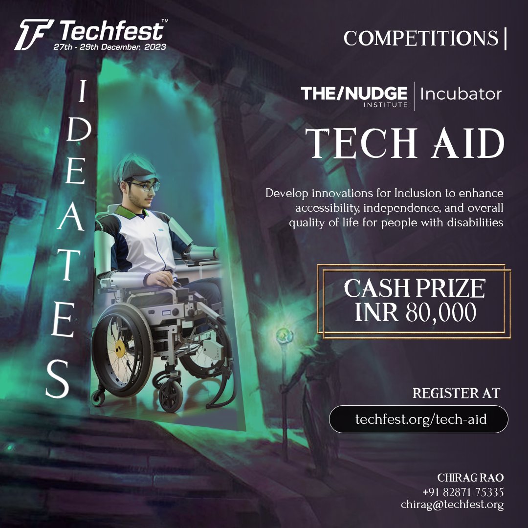 Techfest, IIT Bombay is thrilled to announce 𝐓𝐞𝐜𝐡𝐀𝐢𝐝 competition, targeted mainly to develop innovations for inclusion to enhance accessibility, independence, and overall quality of life for people with disabilities. Prize money of 𝐈𝐍𝐑 𝟖𝟎,𝟎𝟎𝟎 at stake! What are…