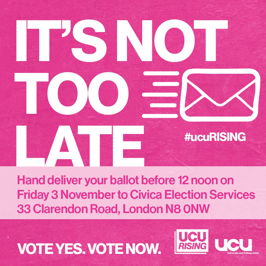 ucu's tweet image. You're cutting it fine but if you haven't voted yet and can make it to Civica HQ today, you can still hand-deliver your ballot ✉️

Every YES vote counts ❎

#ucuRISING