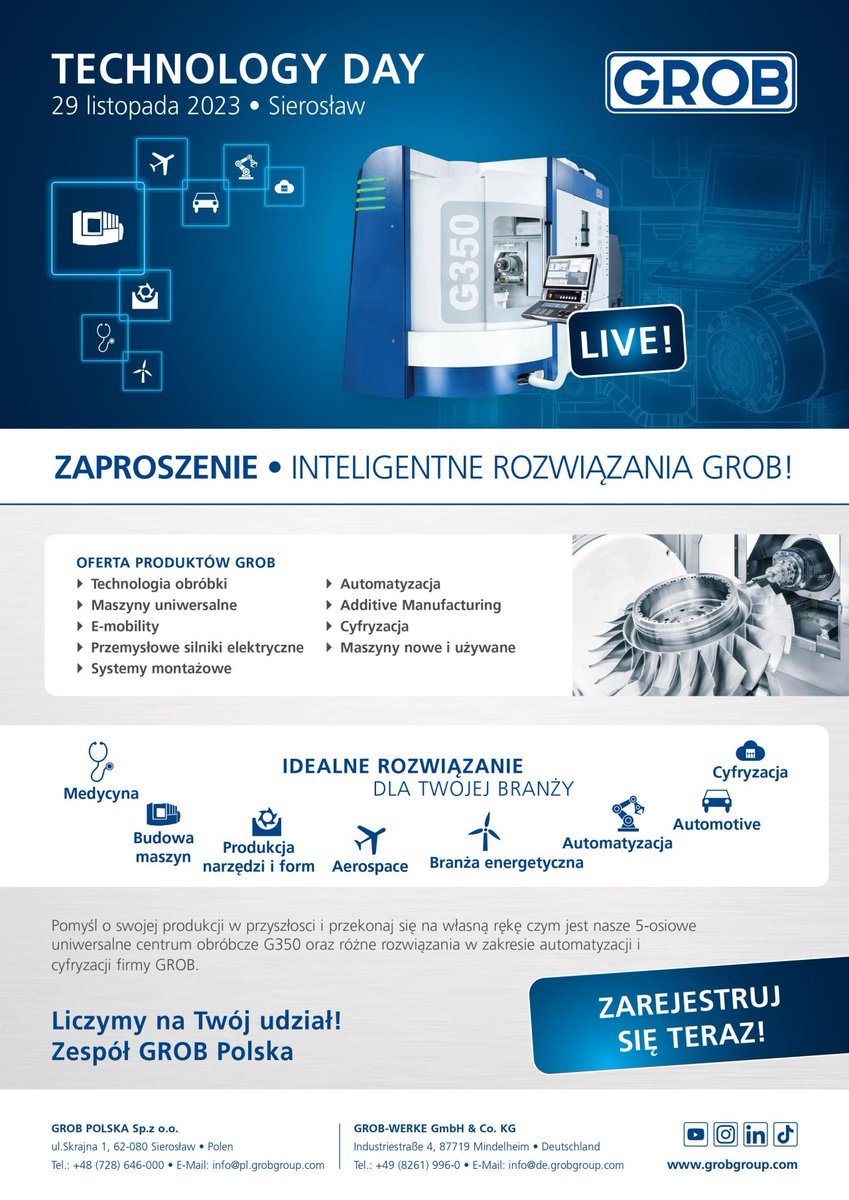 CAMdivision's tweet photo. Zapraszamy na zbliżający się jesienny EVENT -TECHNOLOGY Day - organizowany przez GROB Polska Sp. z o.o. 29/11/2023 w Sierosławiu k./Poznania! CAMdivision Sp. z o.o. też tam będzie!
Rejestracja pod adresem: wiktoria.kedzia@grobgroup.com https://t.co/O3h8EnIDM2
