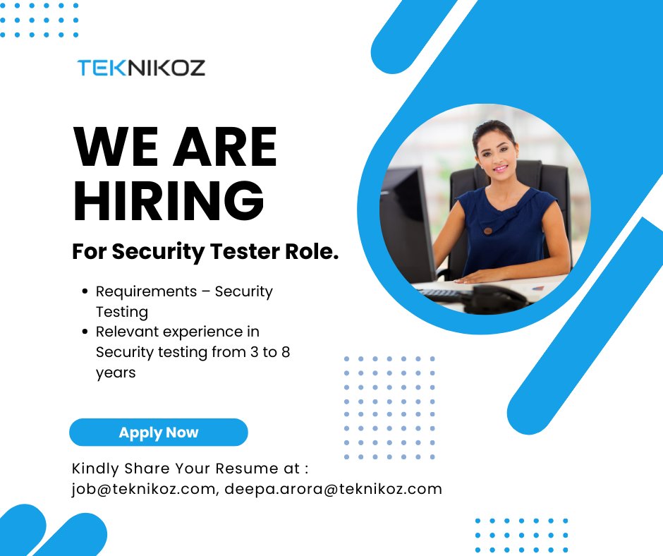 Teknikoz1's tweet image. 📢🔍 WE ARE HIRING 🔍📢
For Security Tester role.

Relevant experience in Security testing from 3 to 8 years

For more visit - linkedin.com/feed/update/ur…

✉️ Email your CV -
job@teknikoz.com
deepa.arora@teknikoz.com

#TEKNIKOZ #securitytester