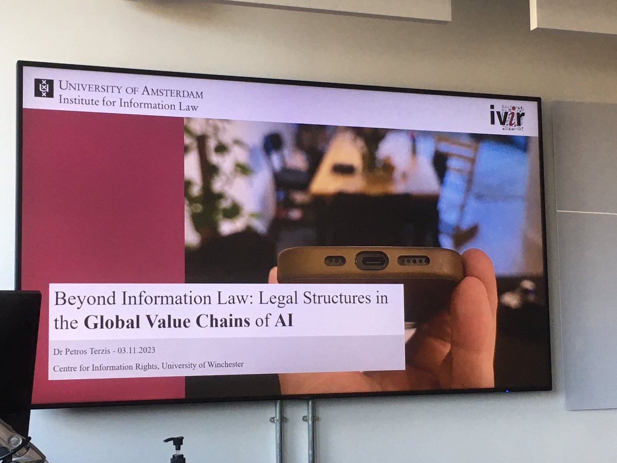 Great to have our former PhD researcher, Dr Petros Terzis <a href="/petros_ter/">Petros Terzis @petros@eupolicy.social</a> from <a href="/ivir_uva/">IViR</a>, speaking about his latest research on the global value of AI chains for the Centre for Information Rights #AI