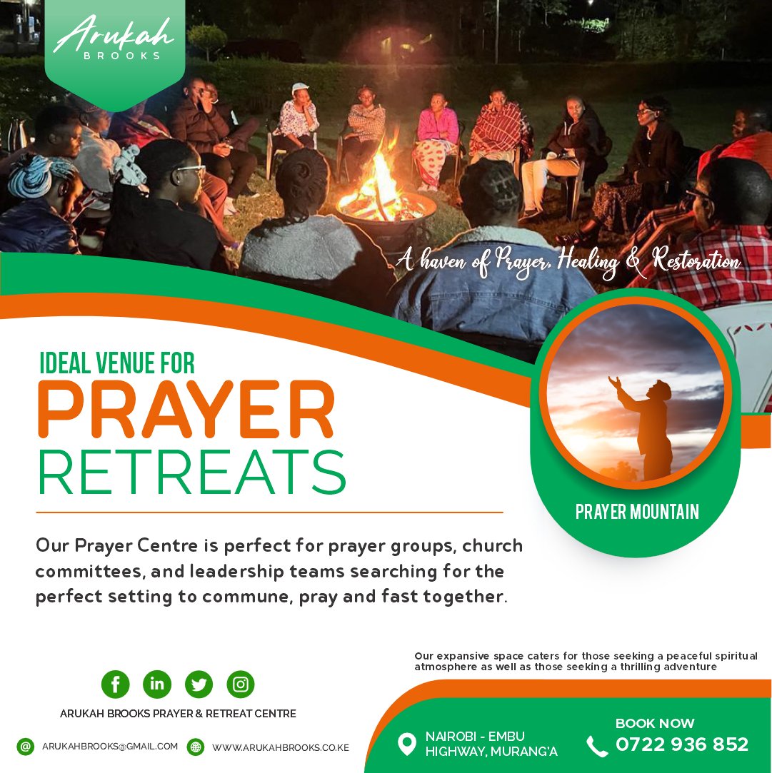 Arukah Brooks is a serene and peaceful location that offers a perfect setting for prayer retreats. Whether you are a church group, a youth team, or a couple group, you will find a variety of facilities and activities to suit your needs.
Call us on 0722 936 852.