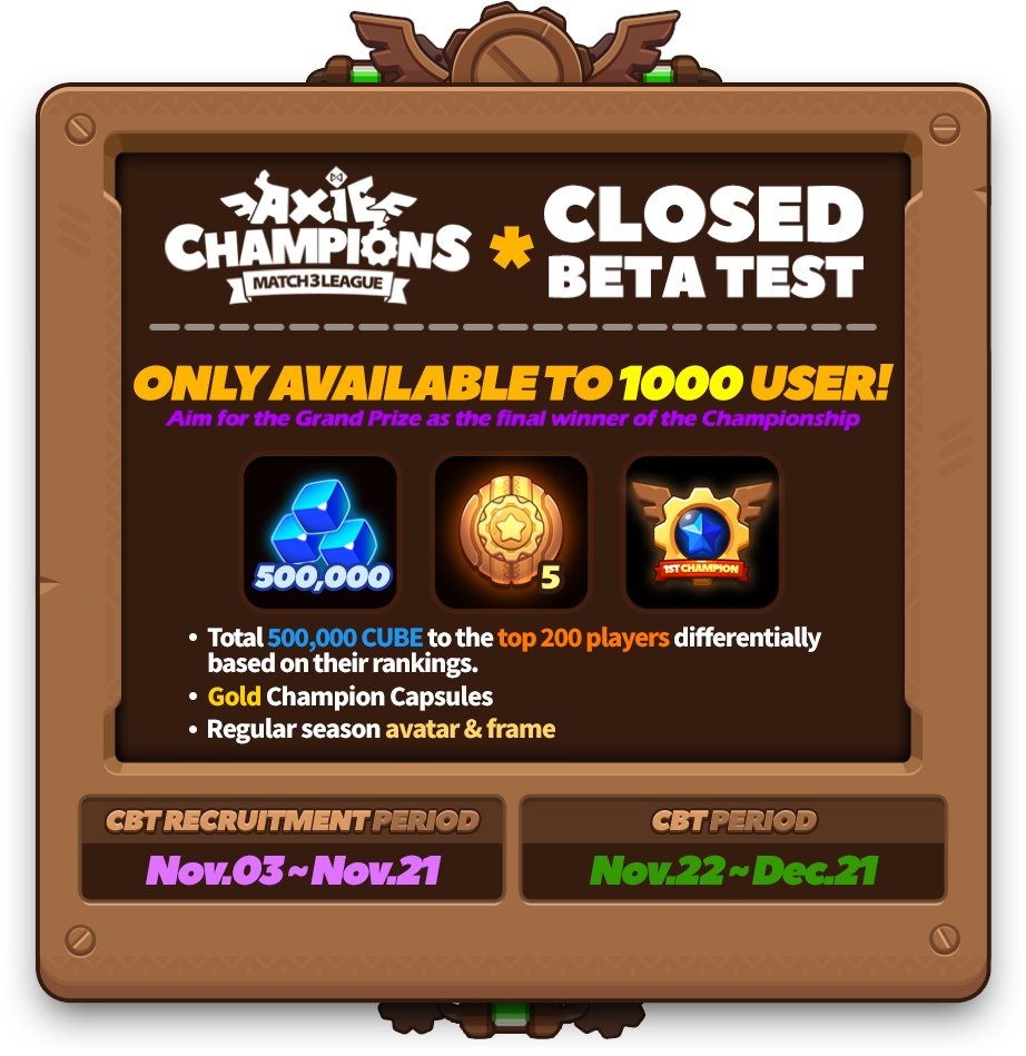 AxieChampions's tweet photo. 🎮 Axie Champions Closed Beta Test (CBT) 

Calling all Axie Champions enthusiasts! Get ready to embark on an exciting adventure as we launch our Closed Beta Test (CBT). Here's all the information you need to jump in:

Registration Period:
- Start: November 3rd
- End: November 21st

CBT Period:
- Starts on November 22nd
- Runs until December 21st

Registration Details:
- Hurry, only the first 1000 users to register can secure their spot!
- Registration is on a first-come, first-served basis.

Prizes Await!
1. 🏆 CUBE Rewards: Compete to be among the top 200 players and receive a share of 500,000 CUBE!
2. 🌟 Gold Champion Capsules: Unlock these capsules for a chance to acquire Champions ranging from 2 to 5 stars.
3. 👑 Regular Season Avatar & Frame: Display your achievements in style with exclusive avatar frames.

Exclusive Discord Role:
- CBT participants who join the Axie Champions Discord community will earn “Beta Tester" role. Do not forget to join Axie Champions Discord!

Prepare for an epic test of your Axie Champions skills. Don't miss this chance to be among the first to explore the game's universe. Register for the CBT now!

CBT Registration Link: https://t.co/YOfBW5HO1L

Let the battle for champions begin! 🛡️🎉

#AxieChampions #CBT #BetaTester #GetReadyToPlay #AxieInfinity #AxieOrigin #Ronin #RoninNetwork
