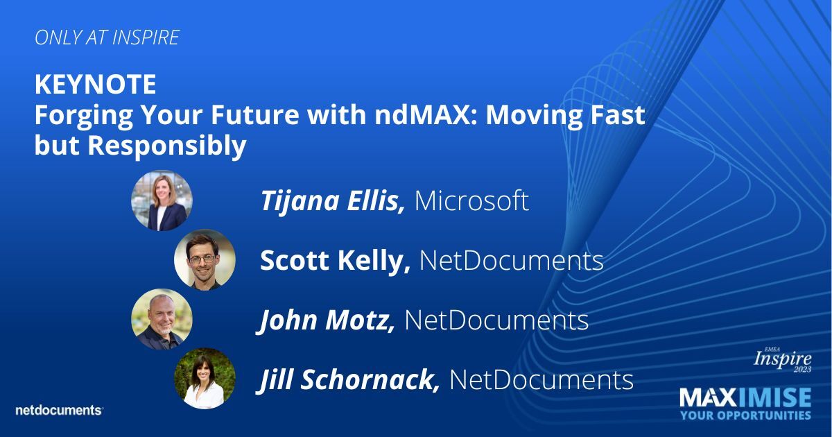#NDInspire23 in London is just around the corner! Opening keynote kicks off 9 Nov at 9:30am — Forging Your Future with #ndMAX: Moving Fast but Responsibly. There's still time to register and attend: bit.ly/3rtyFNE #LegalTech #LegalIT #AI #PatternBuilderMAX #EMEA