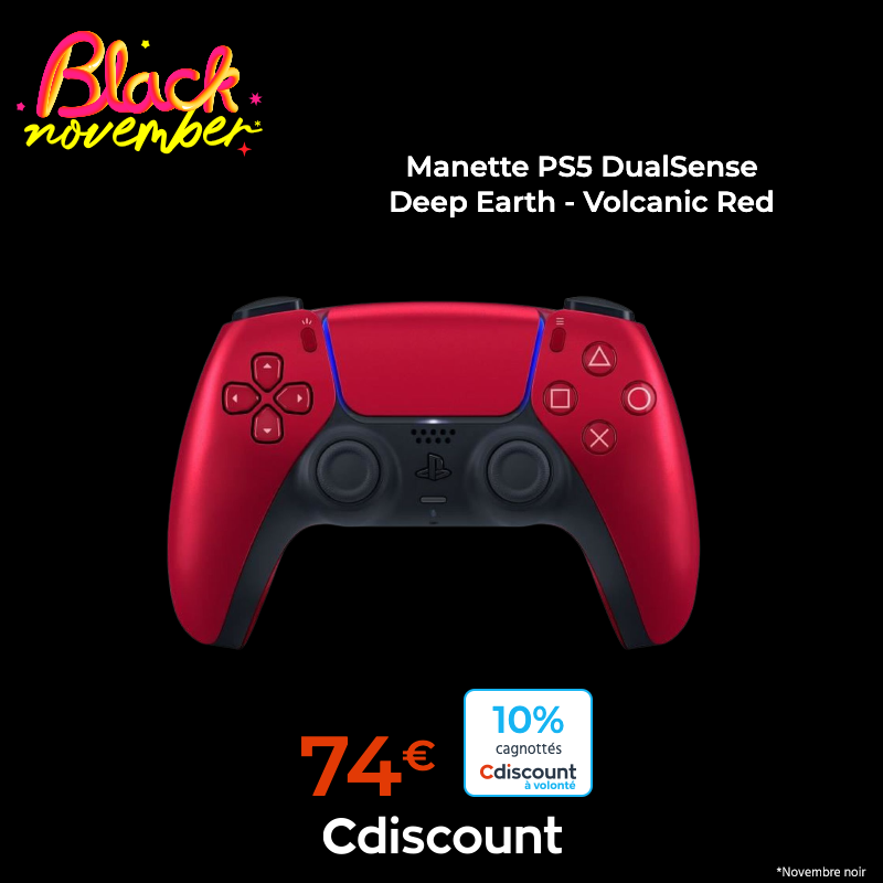 Cdiscount Gaming on X: 🏴 #BlackNovember Manette PS5 DualSense Deep Earth  - Volcanic Red 👛 10% à cagnotter pour les membres Cdiscount à volonté 🛒    / X
