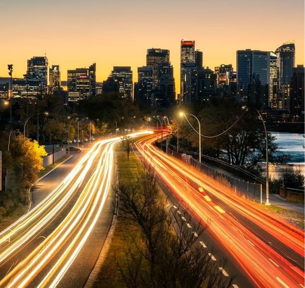 Calgary Skyline and light trails! By #vanguardambassador @markduffyphotography 

#vanguardphotouk #cityphotography #lighttrails #skyline #sunset