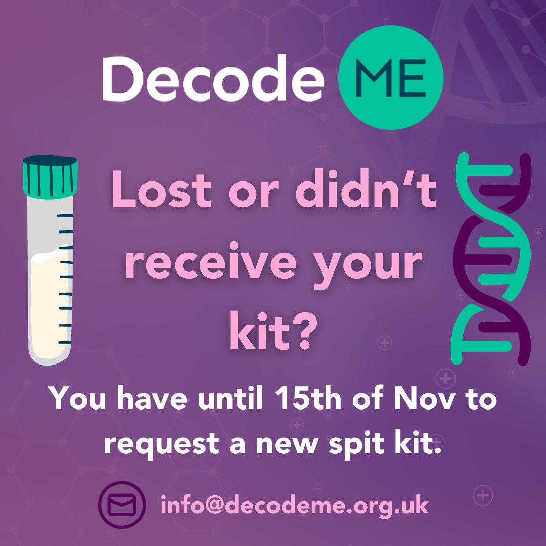 Lost or misplaced your spit kit? You have until 15th Nov to request a new kit. Don’t miss out on contributing your DNA to the largest-ever study of ME/CFS! ➡️ shorturl.at/nqzD4 #DecodeME #ME/CFS