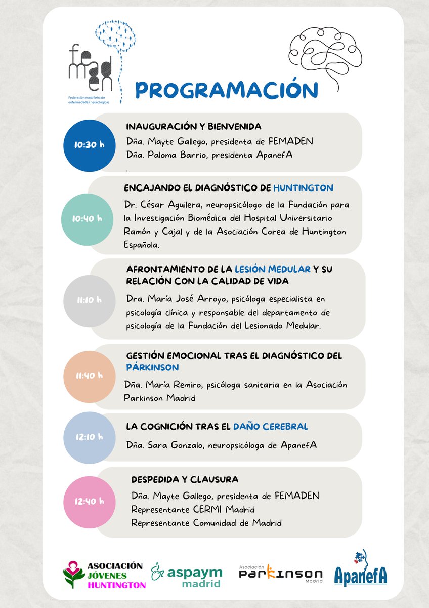 FemadenMadrid's tweet photo. 📢En nuestro blog, te hablamos de nuestra IV Jornada sobre #afrontamiento para #huntington, #lesiónmedular, #párkinson y #dañocerebral 🧠:
1⃣5⃣ noviembre
🔟:3⃣0⃣ h.
📍Sede @Apanefa (c /Cromo,5)
📲Acceso online: https://t.co/PFnFg9oomd
➕Info:
https://t.co/RtOLH4QnMU
#neurología https://t.co/Lp4S9lA73D