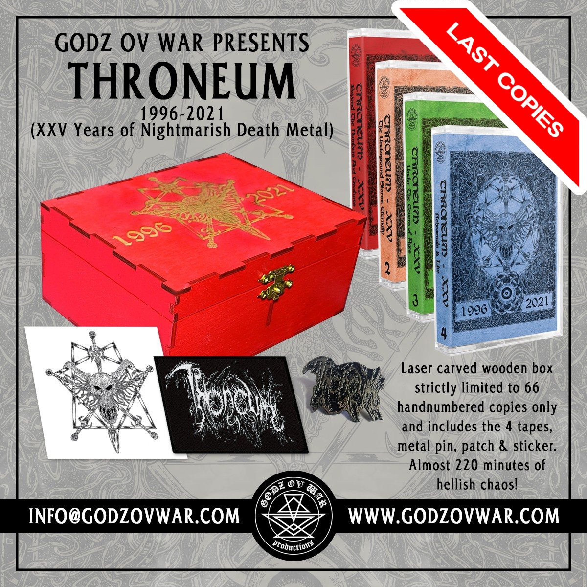 GodzOvWar's tweet photo. THRONEUM ''1996โ-โ2021 (XXV Years of Nightmarish Death Metal)'' - 6 copies left in stock!
๐ง ๐: https://t.co/u8x657eXsE
๐ ๐: https://t.co/NK3nxVbRZM
#throneum #box #tapes #limitededition #deathmetal #godzovwarproductions https://t.co/VAzMIhpe10
