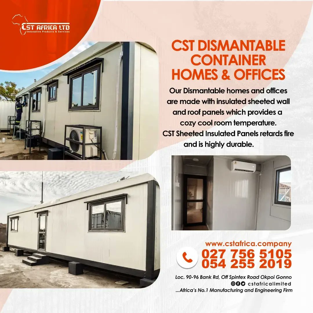 cstafricaltd's tweet photo. CST DISMANTABLE CONTAINER HOMES AND OFFICES.
DESIGNED WITH CST SHEETED INSULATED PANEL TECHNOLOGY https://t.co/UNz3gLrwLL