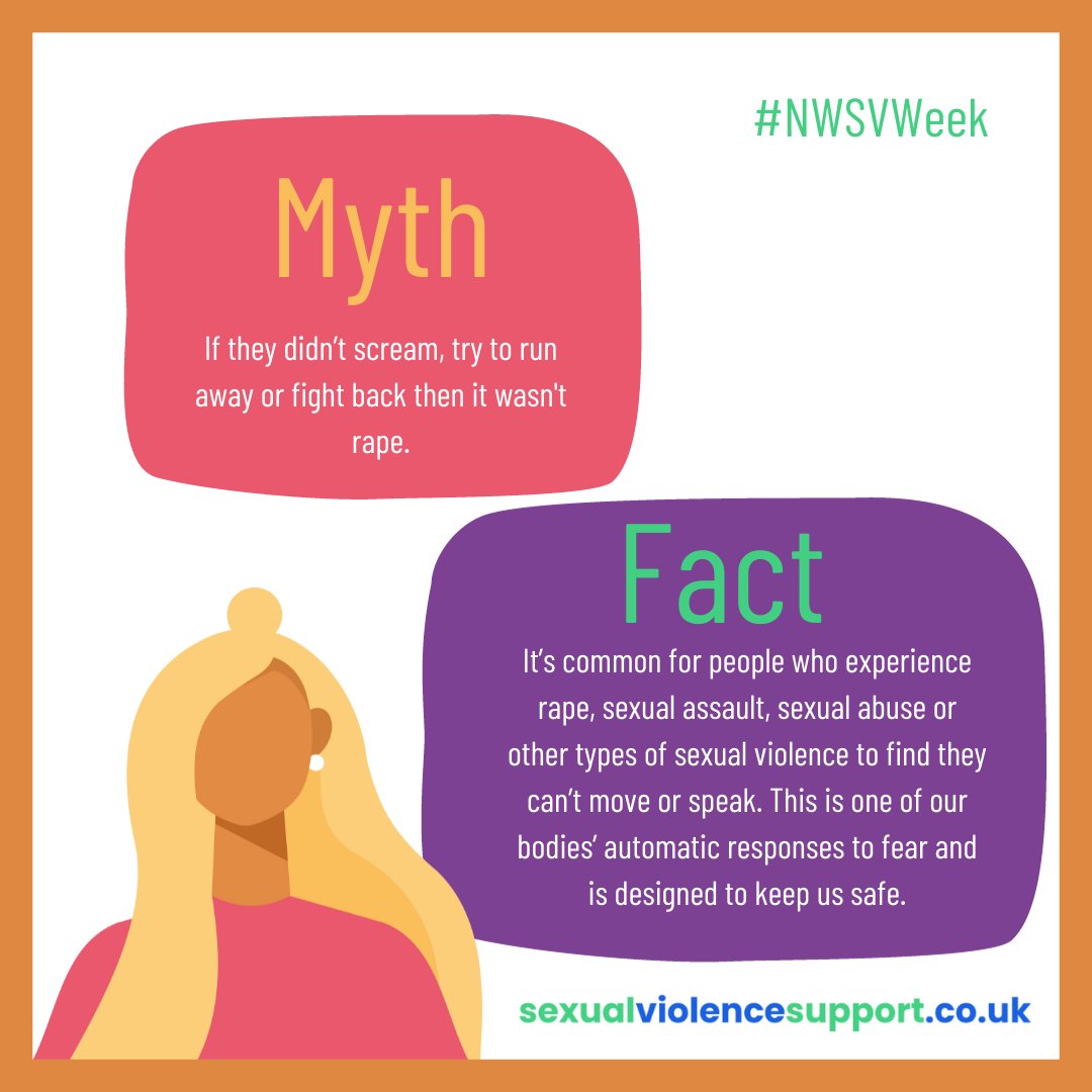 NWSVweek's tweet photo. FACT: It’s common for people who experience rape, sexual assault, sexual abuse or other types of sexual violence to find they can’t move or speak. This is one of our bodies’ automatic responses to fear and is designed to keep us safe.
#NWSVWeek #SexualViolence #Myths https://t.co/xzMYMXa9id