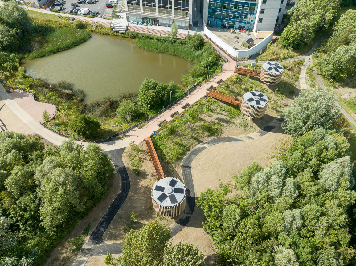 MOLA_Arch's tweet photo. MOLA's Sustainable Meeting Pods at Cherrywood just won 'Green Building of the Year' at the 2023 ICIA ! These biophilic meeting spaces are not only beautiful but also highly energy-efficient, generating 300% of their power needs. Kudos to the team! #GreenBuilding #Sustainability https://t.co/ijvS5ZRyWu