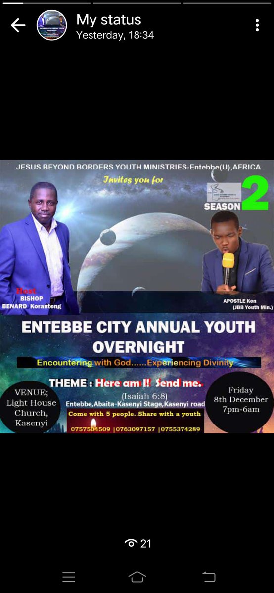 BindyaPeter's tweet photo. @PeterBindya 
SEASON TWO ENTEBBE ANNUAL YOUTH OVERNIGHT https://t.co/TkyWAr4Hjj