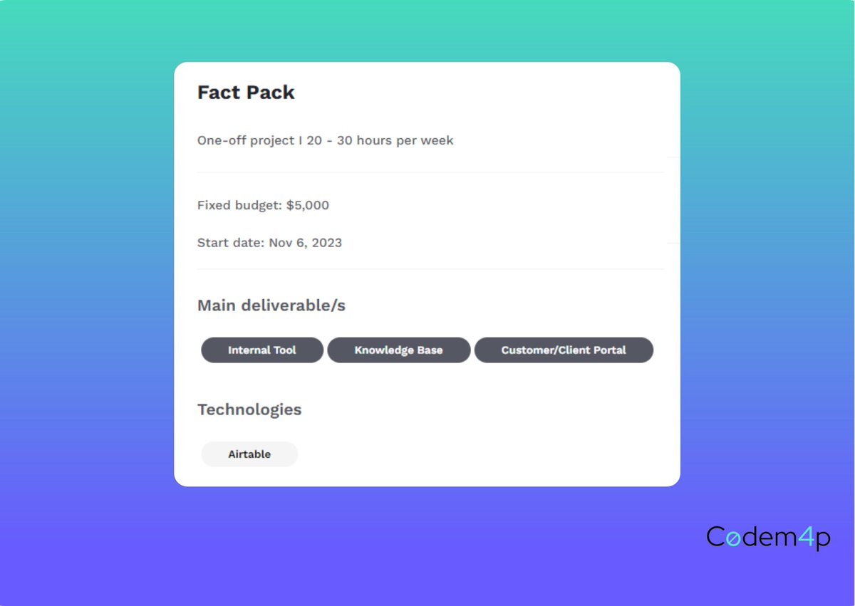 codemap_io's tweet image. Featured #nocode job of the day: Building a knowledge base tool
💰 $5,000
💼 One-off project
🛠 @Airtable
🤓 No-code development, Workflow automation, API integrations
Interested? Learn more via the link below! 👇codemap.io/project/Fact%2…