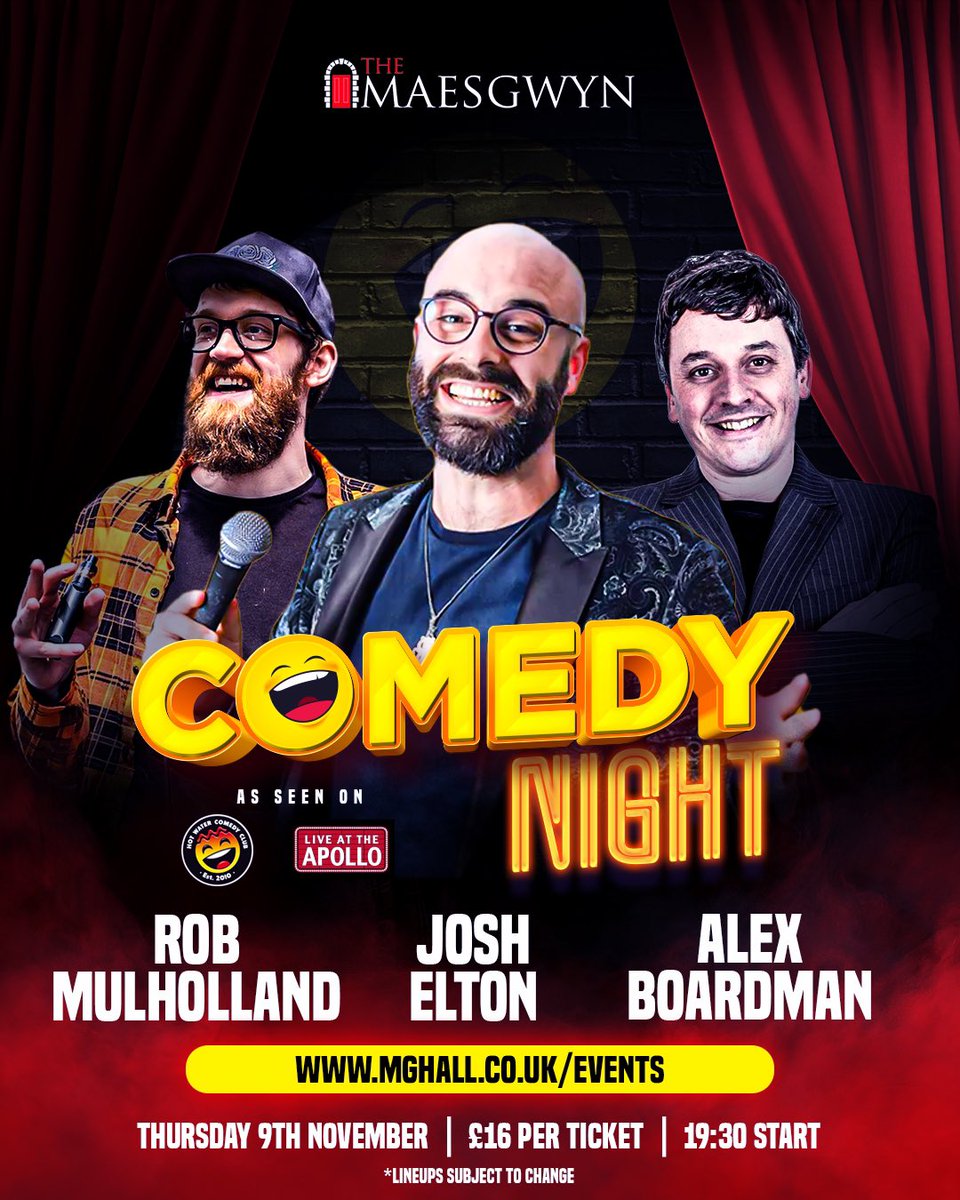 🤣😅C O M E D Y - N I G H T 😅🤣

Slight change to the Comedy night line up this coming Thurs

✅ <a href="/robmulholland/">Captain Bendy</a> 
✅ <a href="/OnlyJoshing/">Josh Elton</a> 
✅ <a href="/alxboardman/">alex boardman</a> 

📆 Thurs 9th November - 19:30 Start

As seen on Live at the Apollo &amp; Hot Water Comedy Club 👀

BOOK NOW ⬇️
loom.ly/N2Ro7Ro