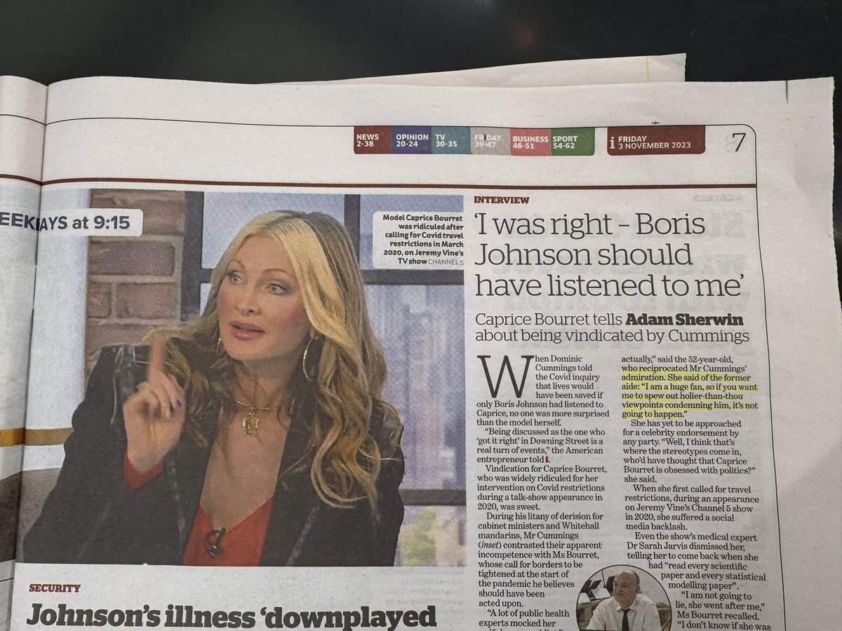 Caprice is in today’s @theipaper - and says she is “a huge fan” of @Dominic2306. Caprice was well ahead of SAGE and the machinery of the state on border closures and Covid suppression measures. She was first ridiculed by the scientists who then u-turned to her point of view.
