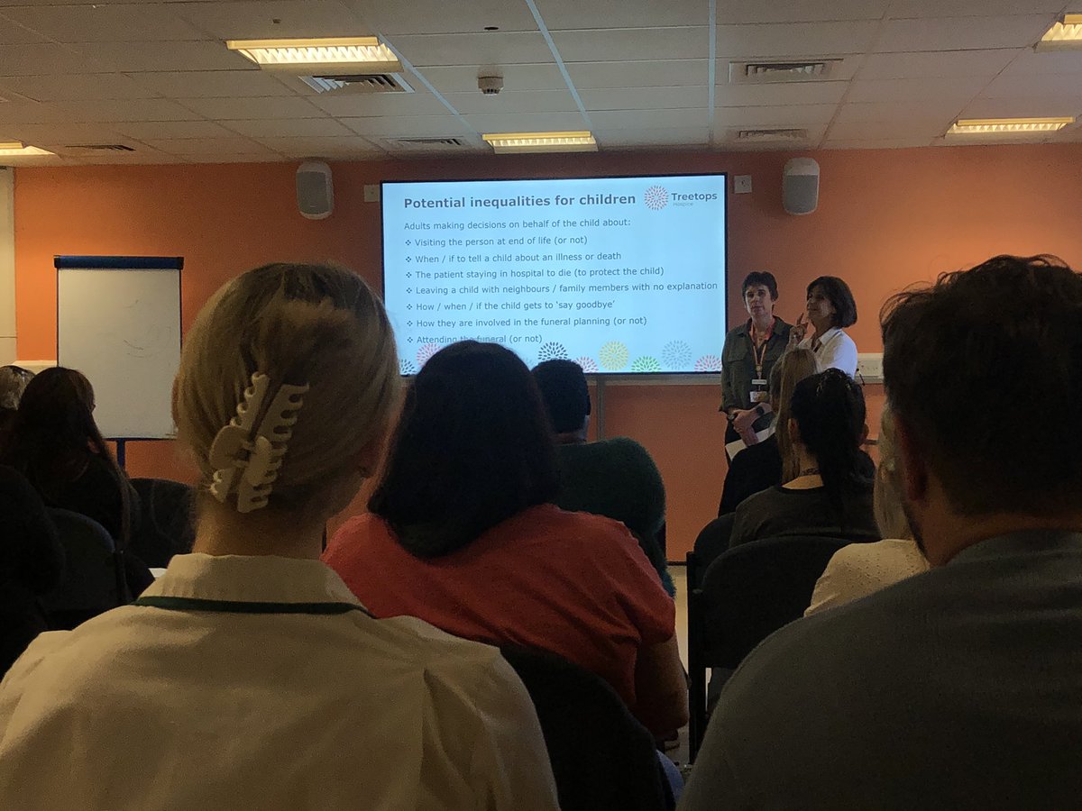 Great talk from Linda and Sarah from @treetopshospice discussing a child’s perspective. Thinking how to empower children to provide a sense of safety and security at such a difficult time as end of life. We create inequality, whether we meant to or not, by trying to protect them