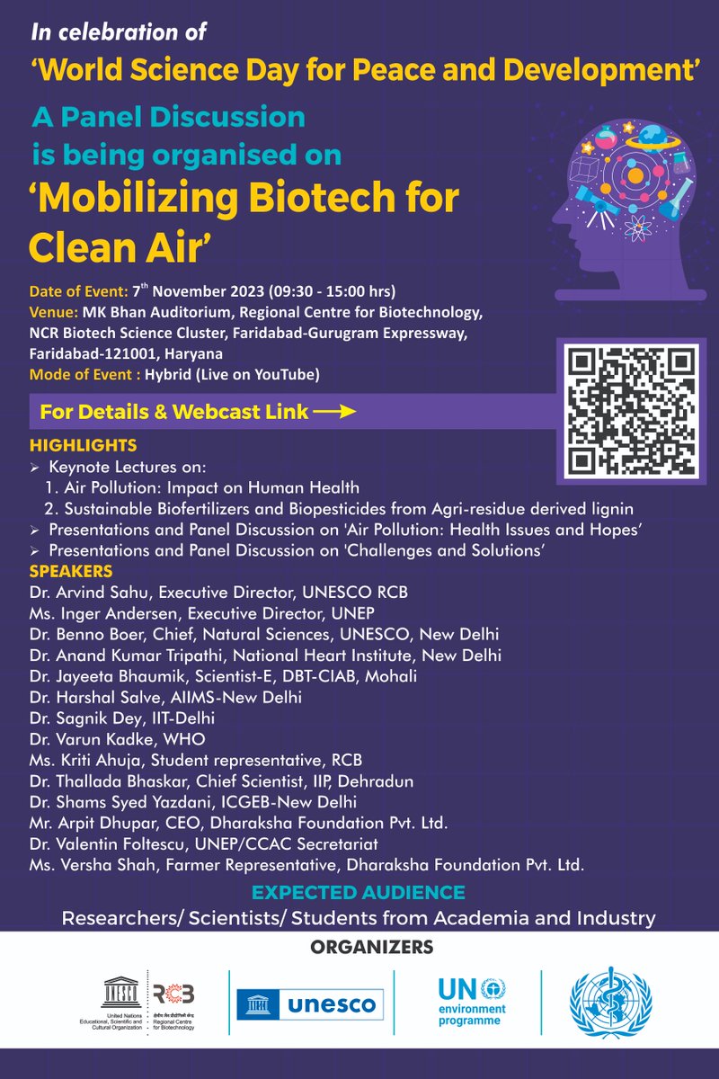 RCB (@unescorcb) on Twitter photo Announcement: Panel Discussion on Mobilizing Biotechnology for Clean Air on 7th Nov. 23
Organizers: RCB, UNESCO, UNEP and WHO
Mode: Hybrid
Venue: MK Bhan Auditorium, Regional Centre for Biotechnology, Faridabad
Youtube link for live streaming: youtube.com/live/Ddxb0-KAA…
<a href="/DBTIndia/">Department of Biotechnology</a> Announcement: Panel Discussion on Mobilizing Biotechnology for Clean Air on 7th Nov. 23
Organizers: RCB, UNESCO, UNEP and WHO
Mode: Hybrid
Venue: MK Bhan Auditorium, Regional Centre for Biotechnology, Faridabad
Youtube link for live streaming: youtube.com/live/Ddxb0-KAA…
<a href="/DBTIndia/">Department of Biotechnology</a>