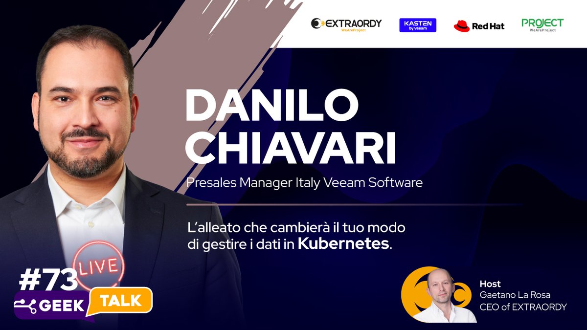 EXTRAORDY - La formazione ufficiale Red Hat (@extraordy) on Twitter photo Giovedì 9 Novembre alle 18.00 sui nostri canali #GeekTalk con <a href="/DaniloChiavari/">Danilo Chiavari</a>, Presales Manager Italy <a href="/Veeam/">Veeam® Software</a> Software.
Come massimizzare la resilienza in ambienti OpenShift e Kubernetes grazie alla prospettiva strategica su backup con K10.
Ti aspettiamo!
#kubernetes #kastenk10 Giovedì 9 Novembre alle 18.00 sui nostri canali #GeekTalk con <a href="/DaniloChiavari/">Danilo Chiavari</a>, Presales Manager Italy <a href="/Veeam/">Veeam® Software</a> Software.
Come massimizzare la resilienza in ambienti OpenShift e Kubernetes grazie alla prospettiva strategica su backup con K10.
Ti aspettiamo!
#kubernetes #kastenk10