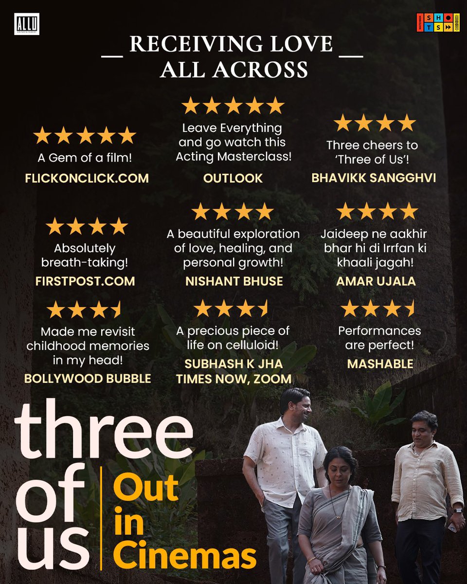 We are overwhelmed with the warm response and all the love we received. ❤️❤️ #ThreeOfUs now in cinemas near you. #ThreeOfUs @Shefalishah_ @swanandkirkire @JaideepAhlawat #AvinashArun @MatchboxShots @Sanjayroutray @saritagpatil @diksshaR @AlluEnts