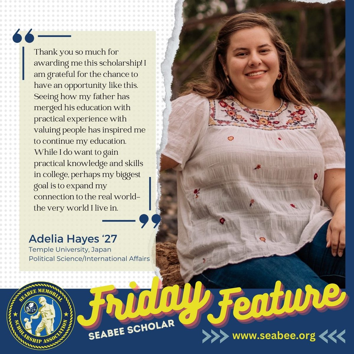 SeabeeMemorial's tweet photo. Meet this week's Seabee Scholar, Adelia! 📚 attending Temple University, Japan, thanks to the service of her father, LCDR Hayes. 🌏 Your support helps Adelia and others reach their educational dreams. Find out more at https://t.co/XSZhDuzIiX.  🎓 #SeabeeScholar  #Seabees https://t.co/1LXP1zhlUD