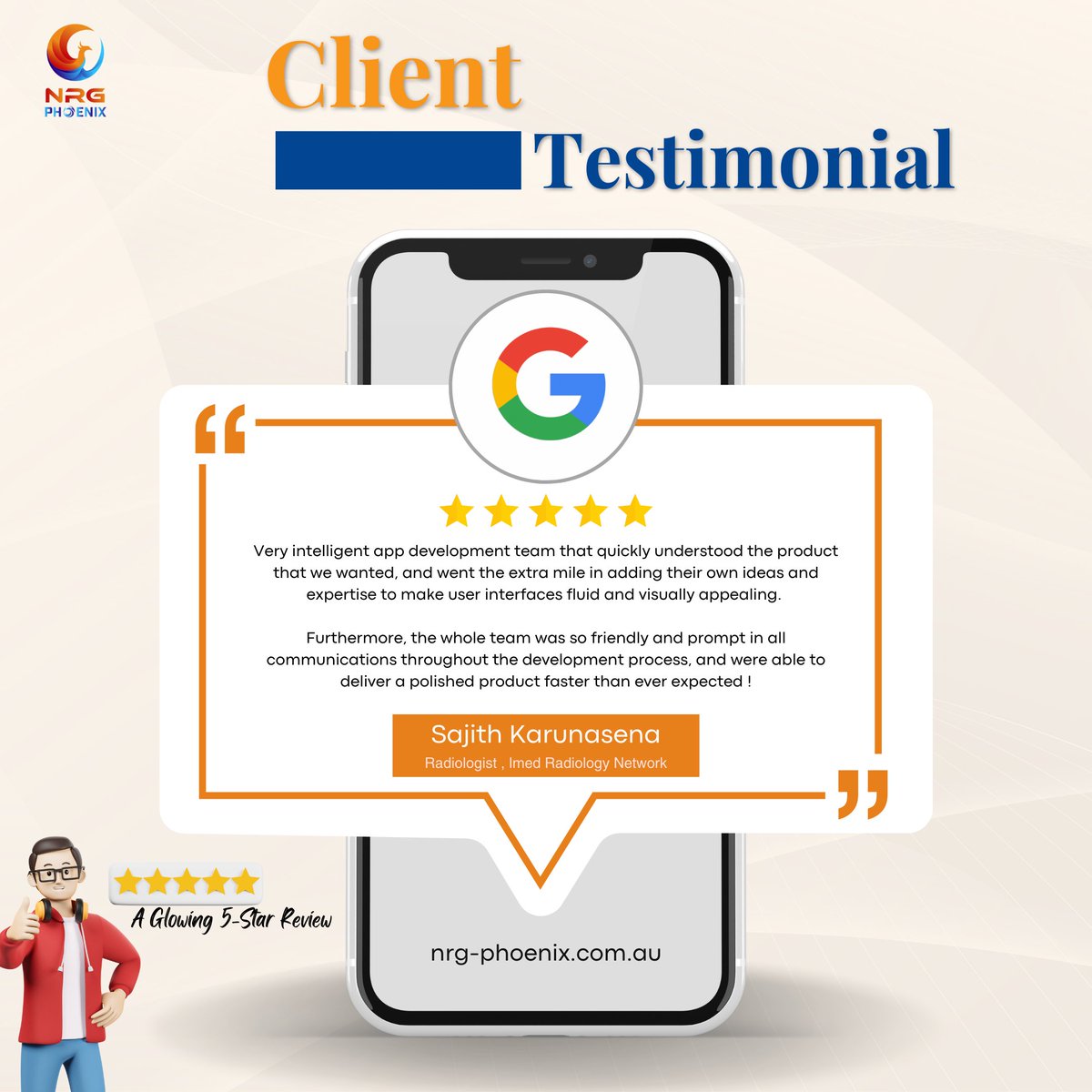 nrgphoenixtech's tweet image. Thank you, Dr. Sajith, for your kind review!
The NRG Phoenix team was truly excited to be a part of your mobile app development journey.
#mobileappdevelopment #nrgphoenix #mobileappdevelopmentservice