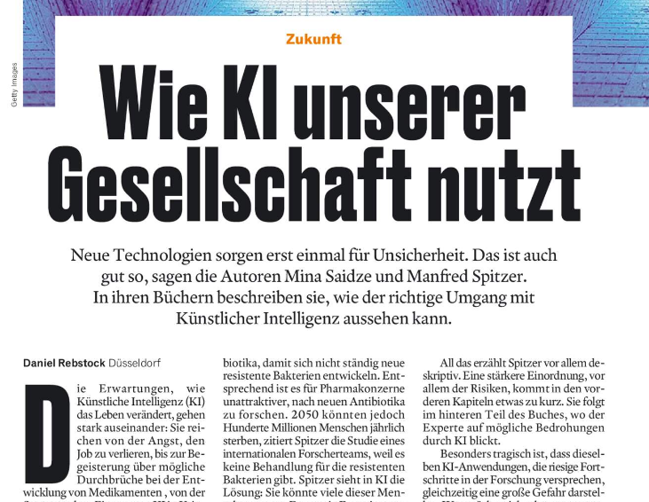 Heute im <a href="/handelsblatt/">Handelsblatt</a>: Wie #KI unserer Gesellschaft nutzt - Buchvorstellungen der beiden neuen Werke „#KünstlicheIntelligenz“ des Neurowissenschaftlers Manfred Spitzer und „FairTech“ von Digitalexpertin <a href="/minasaidze/">Mina Saidze</a> #AI #ArtificialIntelligence #digital