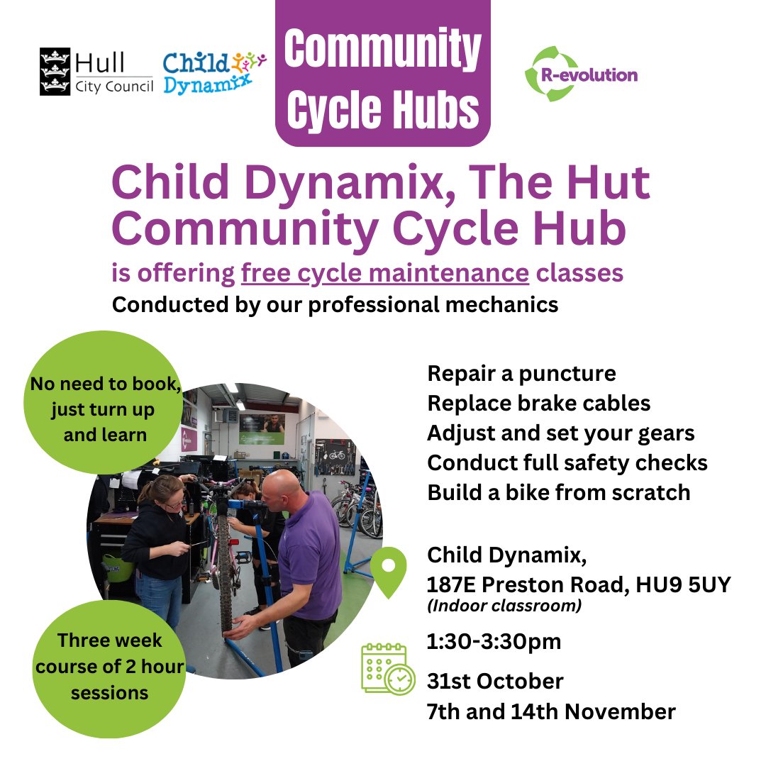 Youth Hub Hull (@youthhubhull) on Twitter photo 🟣Check out the free cycle maintenance sessions being held by <a href="/RevolutionYorks/">R-evolution</a> @chiddynamix, St Michaels Youth Centre and The Hut, Preston Road. You can learn to fix a puncture, set brakes and gears and ask their mechanics lots of questions! 🚲🤩👏🔧🔨⚙️ 🟣Check out the free cycle maintenance sessions being held by <a href="/RevolutionYorks/">R-evolution</a> @chiddynamix, St Michaels Youth Centre and The Hut, Preston Road. You can learn to fix a puncture, set brakes and gears and ask their mechanics lots of questions! 🚲🤩👏🔧🔨⚙️