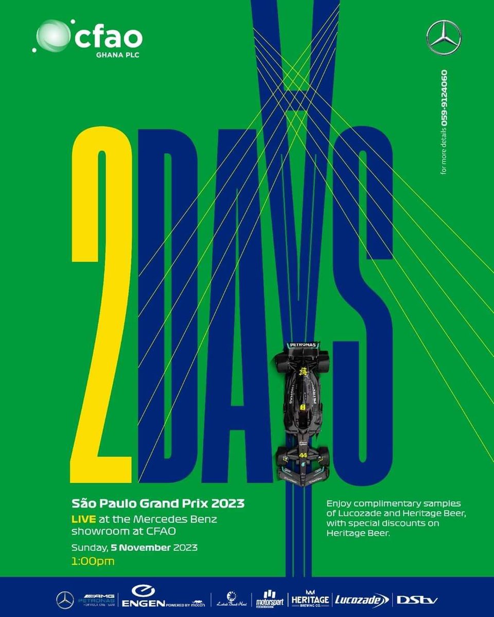 motorsportGH's tweet photo. 🏁 The finish line is in sight for our Sao Paulo Grand Prix 2023 Formula 1 viewing party! Get ready for the thrill of high-speed action!

#BeyondMovement #CFAOGhanaPLC #Formula1 #F1Sports #MotorSport #BrazilianGP #F1Ghana #BrazilGP  #GrandPrix #MercedesBenzGhana #Ghana https://t.co/RBDSxdSCPL