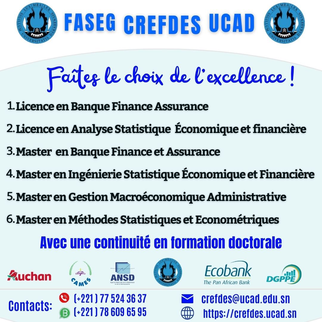 Crefdesucad's tweet photo. Optez pour nos licences et masters universitaires et professionnels !!!

Pour plus d’information
☎️ 786096595

@UCAD_Senegal 

#senegal #formation #dakar #ucad #Gaza https://t.co/g6KhHle3LS
