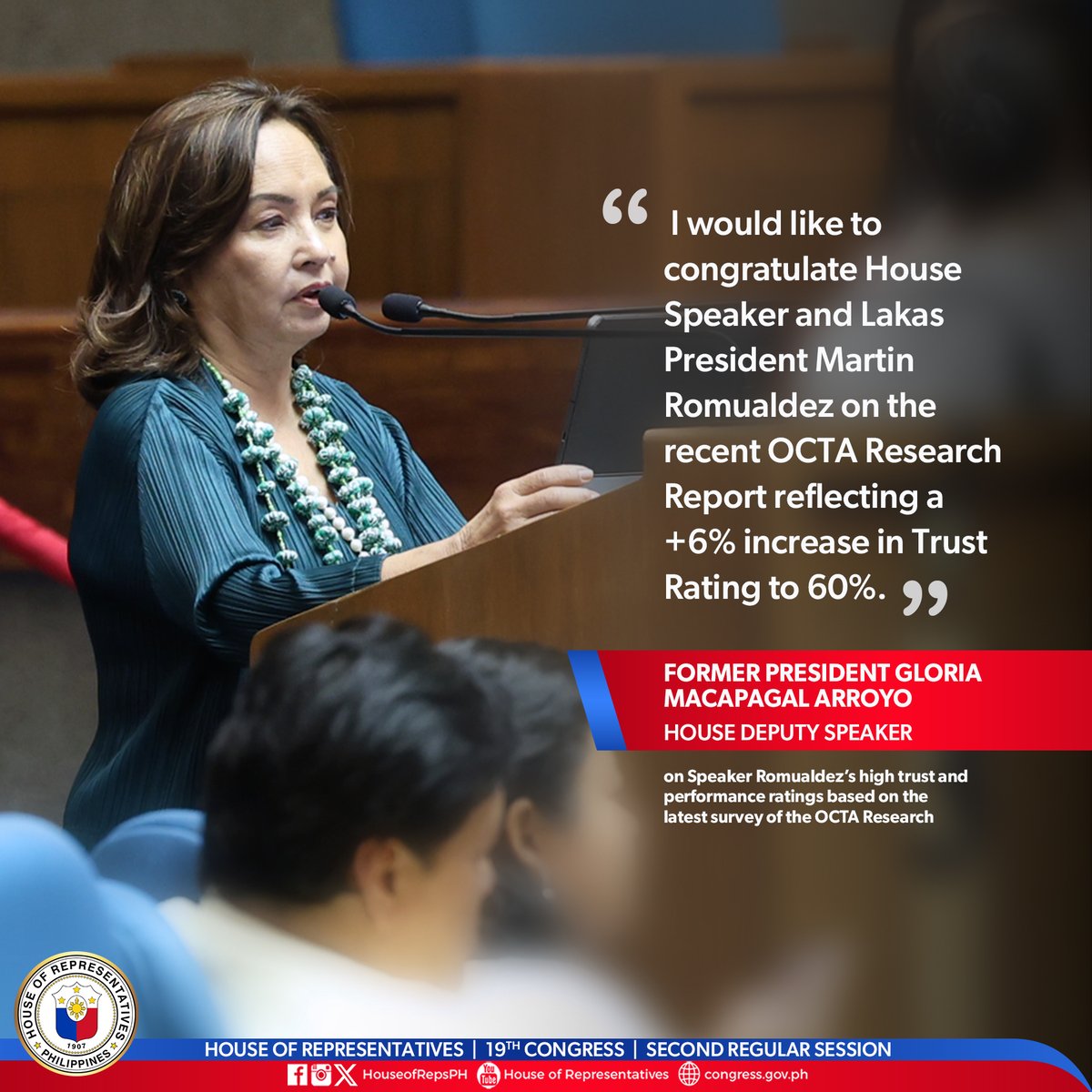 HouseofRepsPH's tweet photo. Speaker Ferdinand Martin Romualdez's performance and trust ratings soared in Q3 2023. House Members lauded his leadership and reaffirmed their commitment to prioritize pro-people legislation. 

#19thCongress 
#HouseOfRepsPH 
#AgendaForProsperity 
#LiderNgKongreso
#MartinRomualdez https://t.co/iFubagPKTA