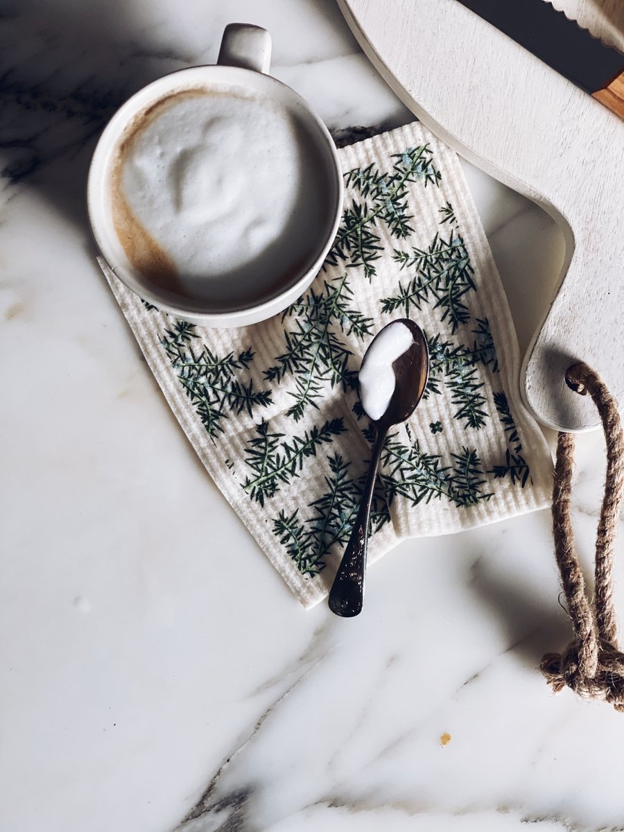 TenandCo's tweet photo. What's in your cup this morning? ☕ Whether it's the warmth of coffee or the comfort of tea, let's chat! Have you transitioned from pumpkin spice to peppermint yet? Embracing the season with our Juniper Sponge Cloth with a latte. 🌿✨ https://t.co/fSaUzxrz1w