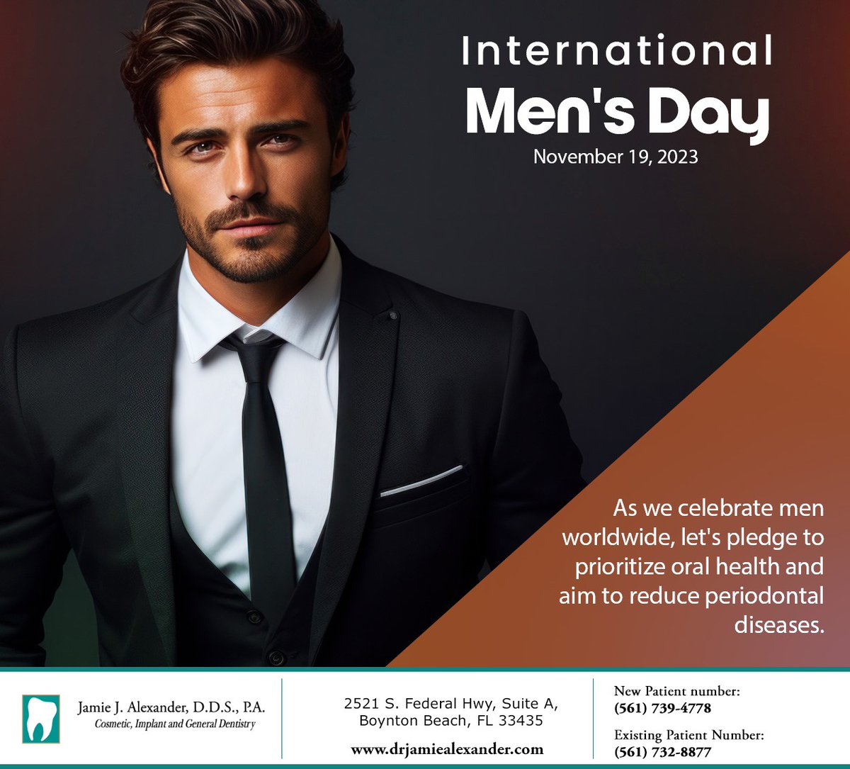International Men's Day is ideal to raise awareness of the higher periodontal diseases in men. Prioritize oral health and reduce gum diseases; Jamie J. Alexander, D.D.S., PA, can help. #internationalmensday #periodontaldisease #JamieJAlexanderDDSPA #BoyntonBeach #FL