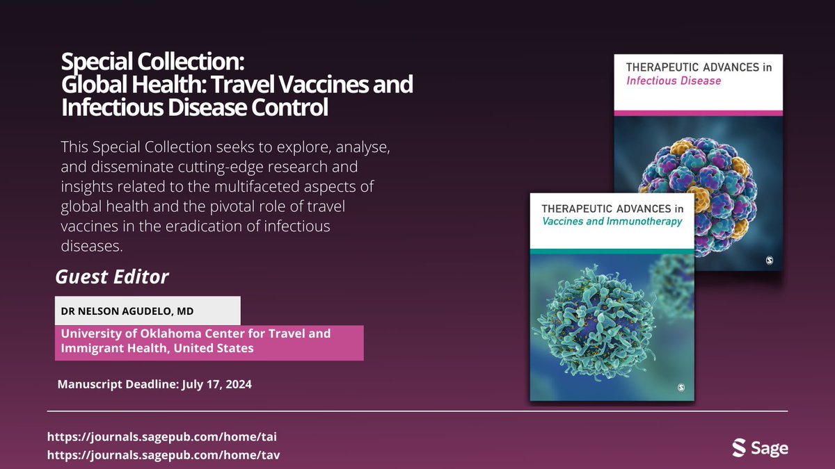 TAInfDis's tweet photo. 📣Calling all experts in #globalhealth and infectious diseases! Our special collection 'Global Health: Travel Vaccines and Infectious Disease' is now open, in partnership with @TAVaccinesImm🌍💉🦠

🔸 Guest Editor: Dr Nelson Agudelo @OUHealth
🔸 Full info: https://t.co/c1qlSPtvZt https://t.co/gT9zUQUMAO