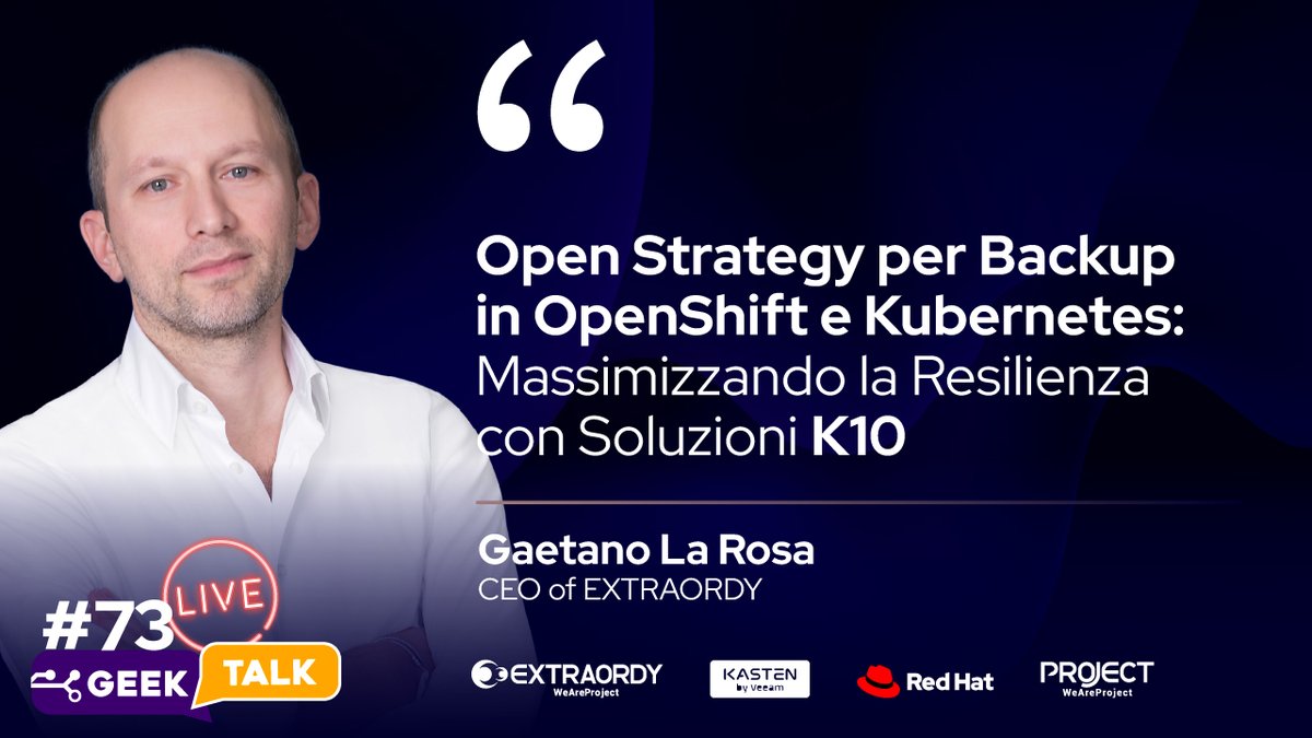EXTRAORDY - La formazione ufficiale Red Hat (@extraordy) on Twitter photo Giovedì h.18 ai nostri #GeekTalk parleremo di #kasten10, #kubernetes e della possibilità di potenziare la strategia di gestione dei dati garantendo mobilità e sicurezza tra cluster e fornitori cloud diversi. Lo facciamo con <a href="/DaniloChiavari/">Danilo Chiavari</a>, Presales Manager Italy Veeam Software. Giovedì h.18 ai nostri #GeekTalk parleremo di #kasten10, #kubernetes e della possibilità di potenziare la strategia di gestione dei dati garantendo mobilità e sicurezza tra cluster e fornitori cloud diversi. Lo facciamo con <a href="/DaniloChiavari/">Danilo Chiavari</a>, Presales Manager Italy Veeam Software.